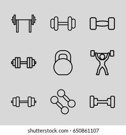Barbell icons set. set of 9 barbell outline icons such as power lifter