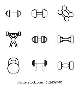 Barbell icons set. set of 9 barbell outline icons such as power lifter