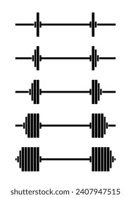 Barbell icons set. Symbol of strength or training. An attribute of sport, achievement, or athlete.