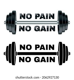 Barbell and inspirational lettering No pain - no gain. Gym equipment - heavy weight barbells. Vector illustration isolated on white background