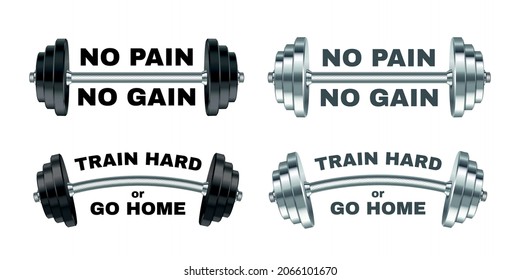 Barbell and inspirational lettering No pain - no gain and Train hard. Gym equipment - heavy weight barbells. Vector illustration isolated on white background