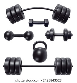 Barbell, Kettlebell, Hantel. Set Ausrüstung für Sport oder Fitness im realistischen 3D-Stil. Sammlung schöne moderne Elemente. Vektorgrafik.