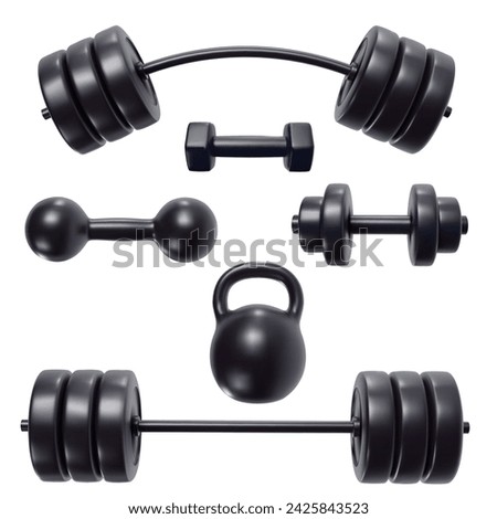 Barbell, kettlebell, dumbbell. Set equipement for sport or fitness in realistic 3d style. Collection beautiful modern elements. Vector illustration.