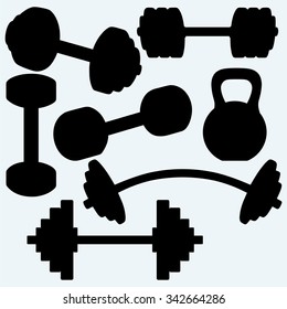 Barbell, barbell and kettlebell. Isolated on blue background. Vector silhouettes