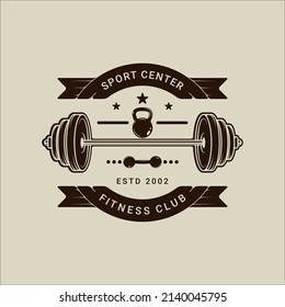 barbell and kettlebell logo vector vintage illustration template icon graphic design. gym or fitness sign or symbol for sport business gymnasium with banner and retro typography style