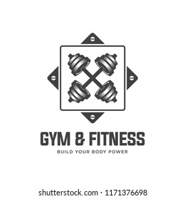 barbell logo vector design template. Logo for fitness, gym. Emblems, labels, badges, logos. Monochrome vector isolated. Flat design. Modern. EPS 10.