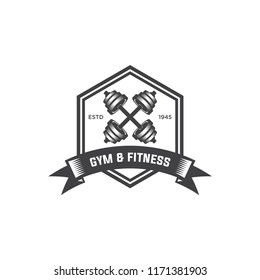 barbell logo vector design template. Logo for fitness, gym. Emblems, labels, badges, logos. Monochrome vector isolated. Flat design. Modern. EPS 10.