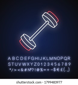 Barbell neon light icon. Outer glowing effect. Health club, gym equipment. Bodybuilding, powerlifting sign with alphabet, numbers and symbols. Vector isolated RGB color illustration