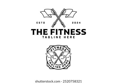 barbell olympic bar with flags crossed outline badge logo design set for gym fitness sport and competition.  power bar with flag illustration logo template for bodybuilding, weightlifting club 