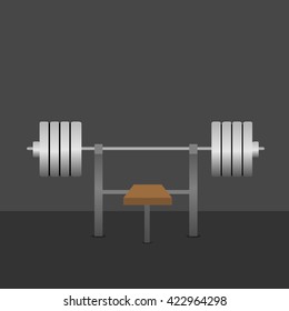 Barbell on bench in the gym. Bar Bench Pres. Silver metal barbell