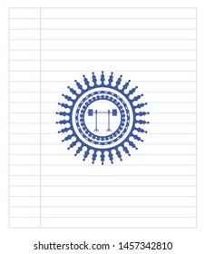 barbell on rack icon emblem with pen effect. Blue ink. Vector Illustration. Detailed.