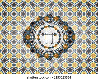 barbell on rack icon inside arabesque badge. arabic decoration.