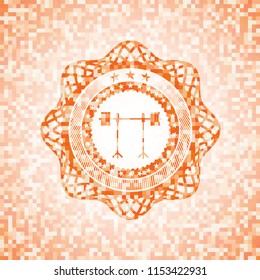 barbell on rack icon inside orange mosaic emblem with background