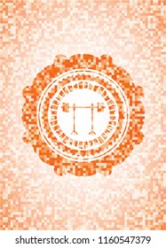barbell on rack icon inside abstract orange mosaic emblem with background