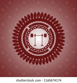 barbell on rack icon inside realistic red emblem