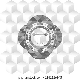 barbell on rack icon inside grey emblem. Vintage with geometric cube white background