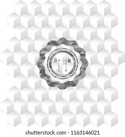barbell on rack icon inside grey badge with geometric cube white background