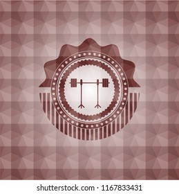 barbell on rack icon inside red seamless geometric emblem.