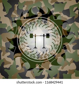 barbell on rack icon inside camouflage texture