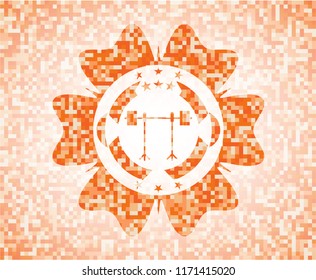 barbell on rack icon inside abstract orange mosaic emblem
