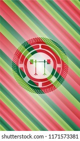 barbell on rack icon inside christmas style emblem.