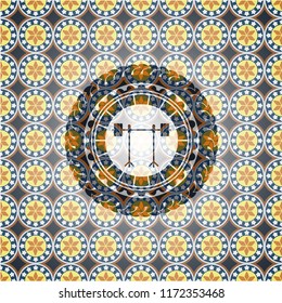 barbell on rack icon inside arabic style emblem. Arabesque decoration.