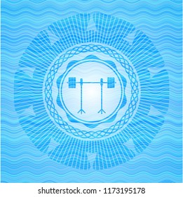 barbell on rack icon inside light blue water wave style badge.
