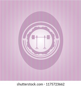 barbell on rack icon inside pink emblem. Vintage.