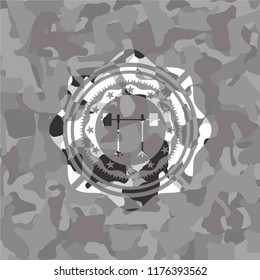 barbell on rack icon inside grey camouflage texture