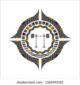barbell on rack icon inside arabic badge background. Arabesque decoration.