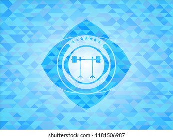 barbell on rack icon inside sky blue emblem with mosaic background