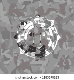 barbell on rack icon inside grey camouflage emblem
