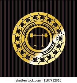 barbell on rack icon inside gold emblem
