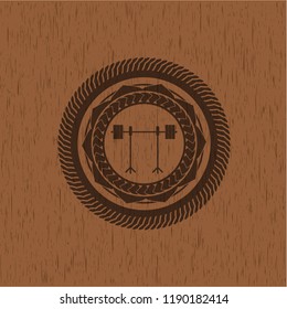 barbell on rack icon inside wooden signboards