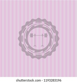 barbell on rack icon inside pink emblem. Retro