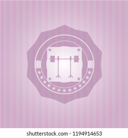 barbell on rack icon inside vintage pink emblem