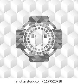 barbell on rack icon inside grey emblem. Vintage with geometric cube white background