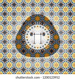 barbell on rack icon inside arabic badge background. Arabesque decoration.