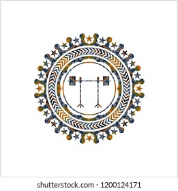 barbell on rack icon inside arabic emblem background. Arabesque decoration.