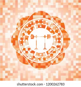 barbell on rack icon inside abstract emblem, orange mosaic background