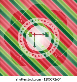 barbell on rack icon inside christmas style emblem.