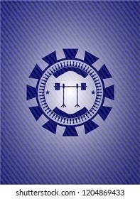 barbell on rack icon inside denim background