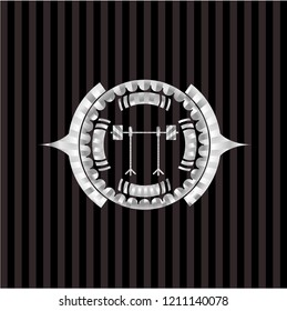 barbell on rack icon inside silver emblem
