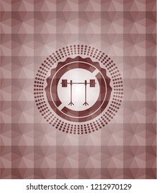 barbell on rack icon inside red emblem or badge with abstract geometric pattern background. Seamless.