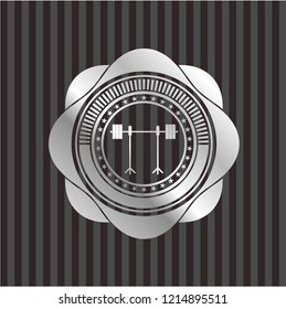barbell on rack icon inside silver emblem or badge