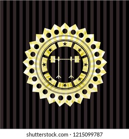 barbell on rack icon inside golden badge