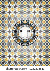 barbell on rack icon inside arabesque badge. arabic decoration.