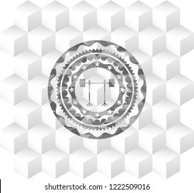 barbell on rack icon inside retro style grey emblem with geometric cube white background
