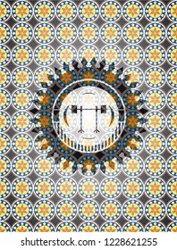 barbell on rack icon inside arabic style emblem. Arabesque decoration.