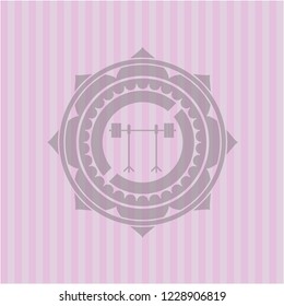 barbell on rack icon inside pink emblem. Retro